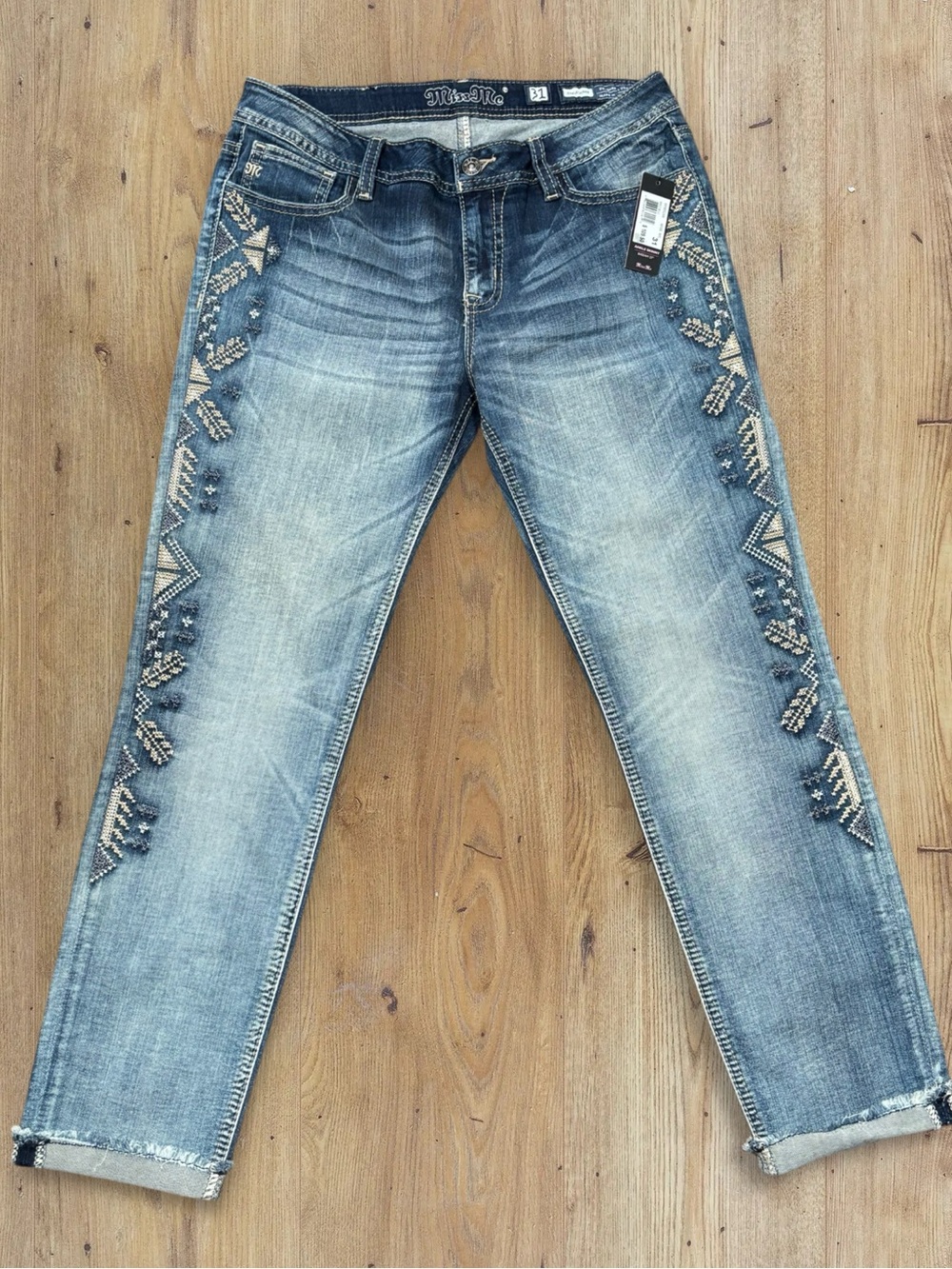 Miss Me Medium Blue Wash Embroidered Embellished Ankle Cuffed Skinny Jeans Sz 31